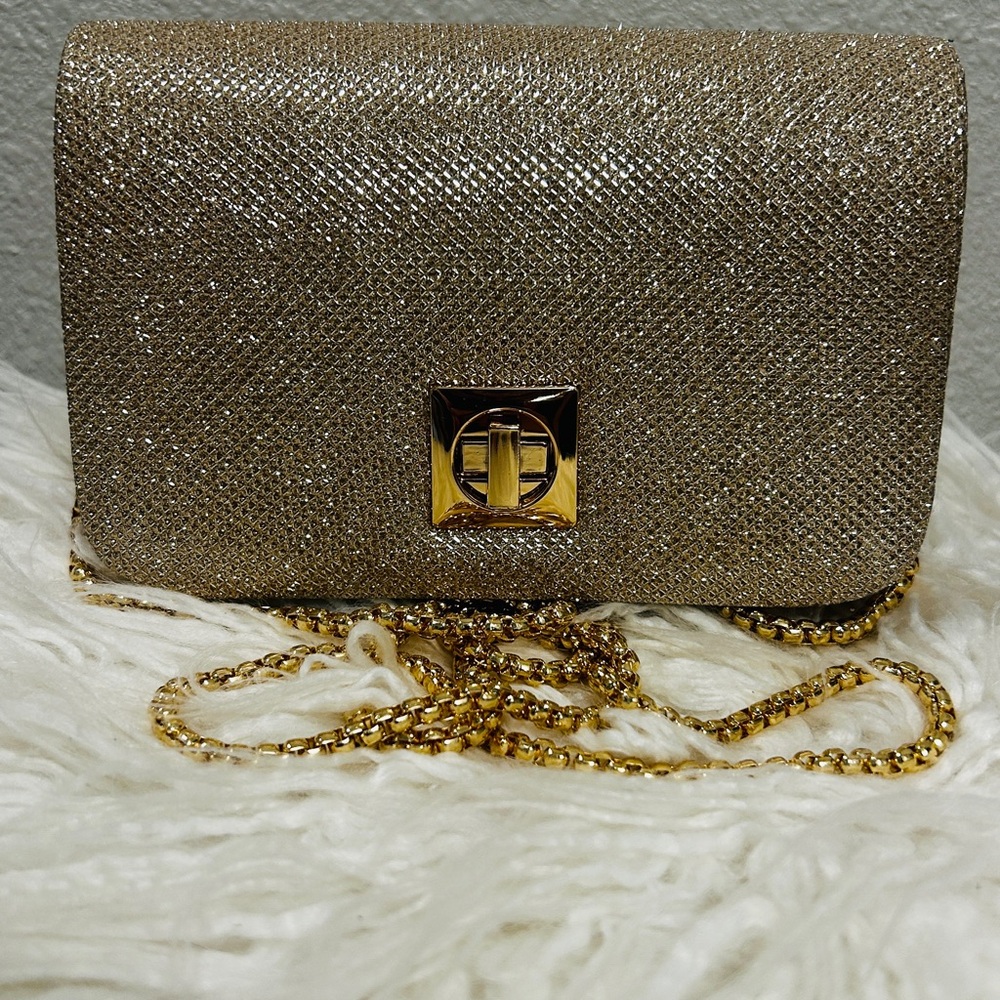 Elegant Shimmering Gold Chain Clutch with Kiss Lock
